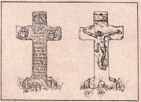 Rysunek Artura Kwaśniewskiego na podstawie zdjęcia A. Scheera zamieszczony w 1987 r. w biuletynie Przydrożne Pomniki Przeszłości.