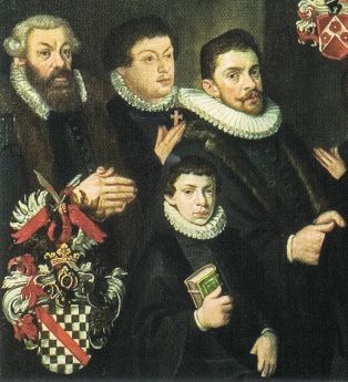Herb Haunold II na fragmencie epitafium z 1588 r. zmarłego 3 lata wcześniej Petera Haunolda. Peter z lewej, a przed nim trzej synowie.