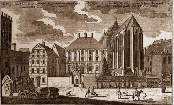 Klasztor i kościół św. Doroty na rysunku Friedricha Bernharda Wernera; stan na rok 1730