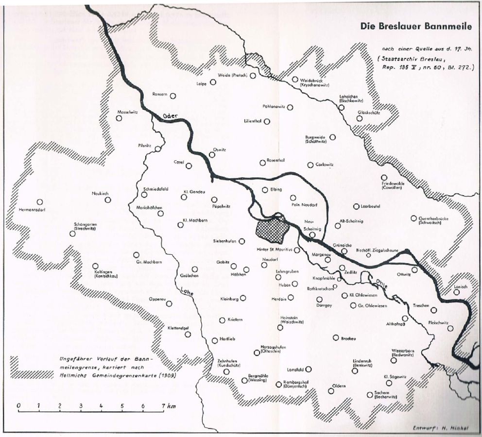 Mapa pokazująca zasięg prawa mili miasta Wrocławia