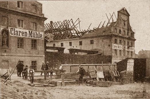 Młyny św. Klary na wyspach Słodowej i Bielarskiej po pożarze w nocy 7 na 8 lipca 1908 r.