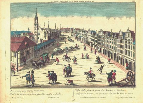 Widok placu południowego Rynku we Wrocławiu od zachodu, 1760 lub po 1760 r.