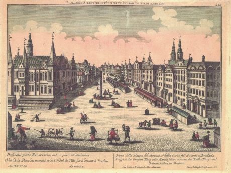 Widok placu wschodniego Rynku we Wrocławiu od południa, 1760 lub po 1760 r.