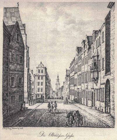 Ulica Łaciarska (Altbussergasse) w kierunku północnym. Rysunek Henryk Mützel; 1827 r. Po prawej widoczny dom Straubingera (z wykuszem).