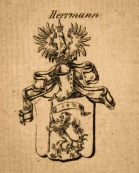 Hermann; Herb: w polu błękitnym lew srebrny trzymający chorągiew. Klejnot: ramię w zbroi ze sztyletem, między skrzydłami w rozwarciu[5].