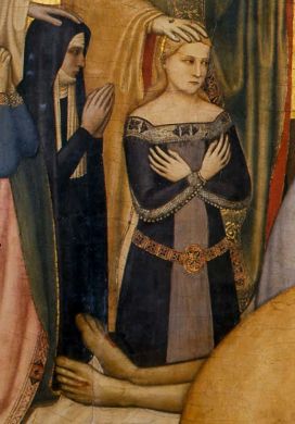 Giottino, fragment Piety di San Remigio, ok. 1360-1365; klęcząca młoda kobieta w sukni przewiązanej pasem z emaliowanych płytek, opadającym miękko na biodra - dupsingiem.