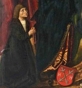 Herb mieszczański Jana Holczela (Hanz Holeczell) z. 1512 na jego obrazowym epitafium. Gmerk jako godło na tarczy.