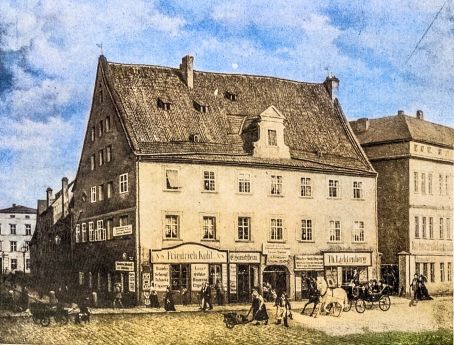 Były dom na Schweidnitzerstraße 8 (róg Schloßohle), siedziba firmy Th. Lichtenberg; obraz autorstwa Paula Linke, ok. 1900