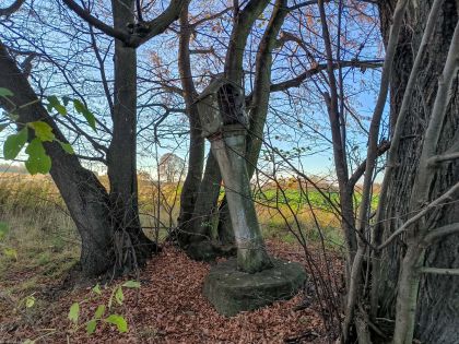 Radoniów, pow. lwówecki; kamienna kapliczka zamknięta metalową kratką; polna droga w kierunku Lubomierza