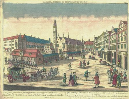 Widok ratusza od zachodu z wartownią i Targiem Rybnym oraz wschodnią częścią placu południowego Rynku, 1760 lub po 1760 r.