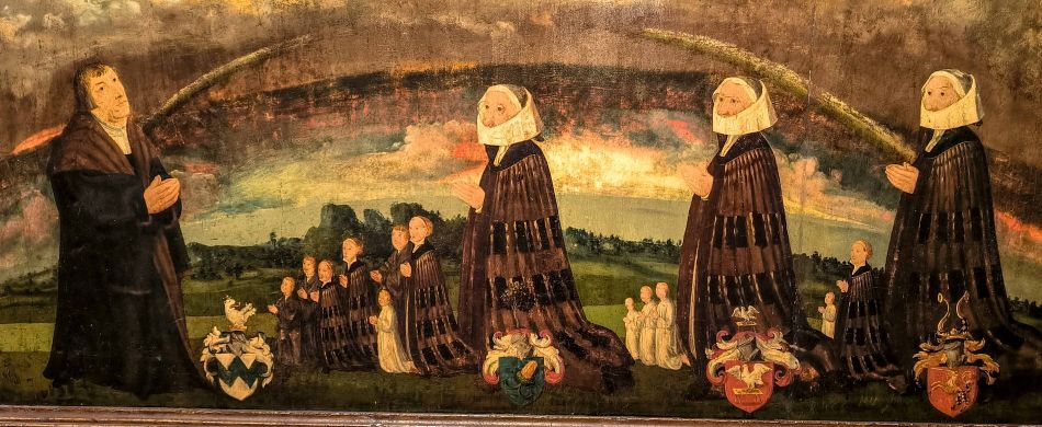 Fragment epitafium przedstawiajcego Mikołaja i jego rodzinę. Herby od lewej: Jenkwitz-Posadowsky; Reinhold, trzeciej żony Mikołaja, Magdaleny Reinhold von Beutenbach (zm. 1563); Bancke, drugiej żony Apolonii Bancke (zm. 1530); Popplau, pierwszej żony Anny Popplau.