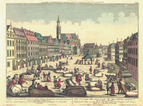 Widok placu zachodniego Rynku zwanego Targiem Wełny we Wrocławiu od południa, 1760 lub po 1760 r.