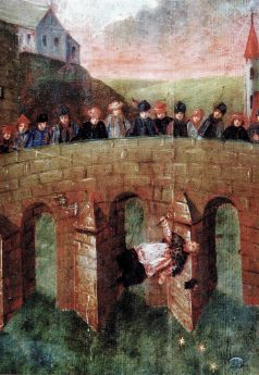 Scena utopienia św. Jana Nepomucena; fragment obrazu olejnego na desce XVIII/XIX wiek, region Kłodzka