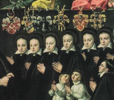 Piąty herb od lewej na fragmencie epitafium z 1588 r. zmarłego 3 lata wcześniej Petera Haunolda przedstawiającym jego córki z drugą żoną Marthą z d. von Holtz (zm. 1582). Herb reprezentuje Katharinę (1558-1596), od 1584 żonę Tilemanna Hertwiga (1553-1605).