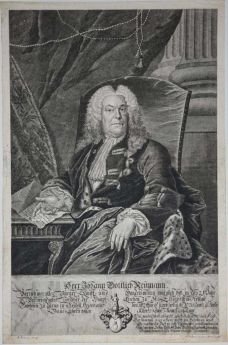 Portret Johanna Gottlieba Neumanna (1657-1735) z herbem u dołu. Miedzioryt z 1737 r. autorstwa G.P. Buscha według obrazu F. Jachmanna.