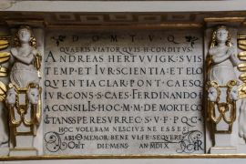 3. Monogram Bonaventury Röslera na inskrypcji wykonanej przez niego (u dołu z prawej) na epitafium Andreasa Hartwiga z 1560 r. w farze elżbietańskiej.