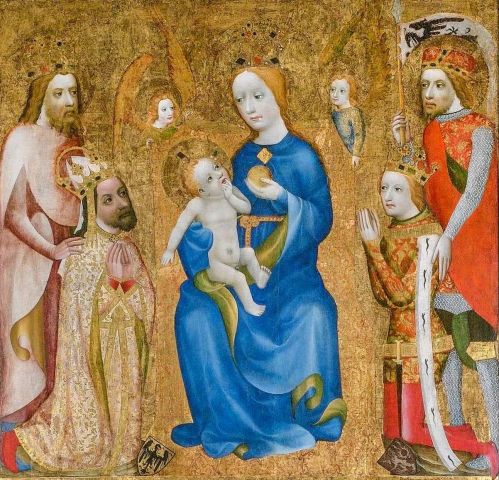 Fragment obrazu wotywnego arcybiskupa Jana Očka z Vlašimi, ok. 1370; Karol IV i Wacław IV adorują tronującą Maryję z Dzieciątkiem; Karola IV błogosławi św. Zygmunt I Burgundzki, a Wacława IV św. Wacław I.