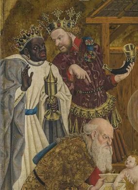 Pokołon Trzech Króli, fragment ołtarza z Polling (Bawaria), 1444; król przepasamy ozdobnym dupsingiem jako oznaką wysokiej godności